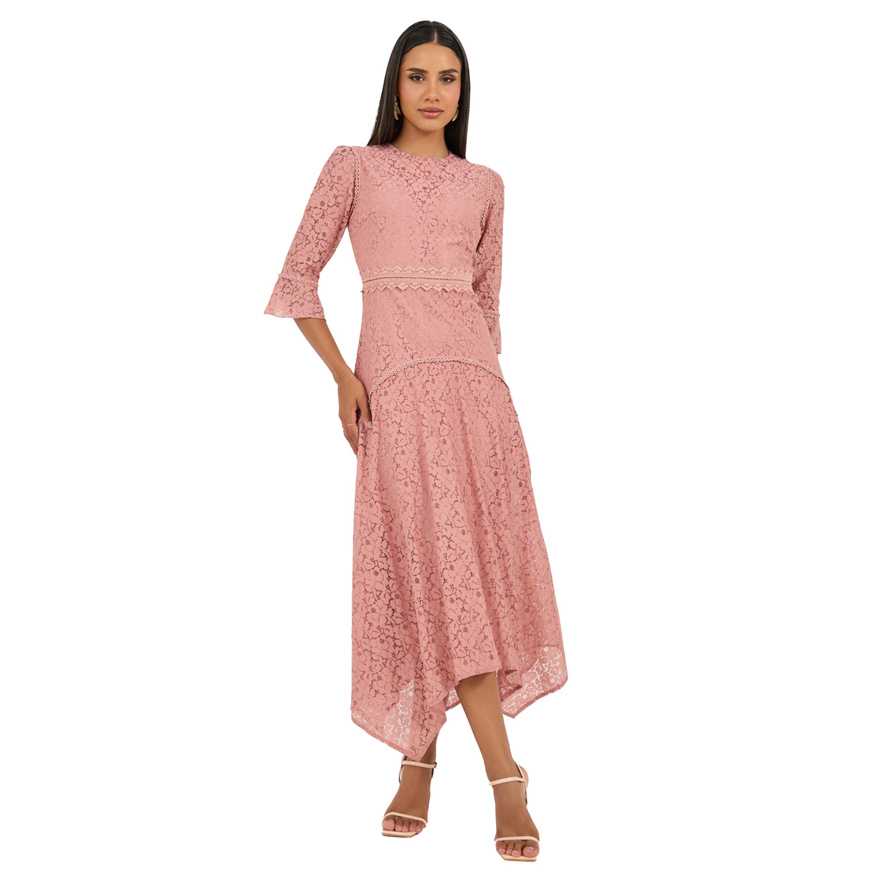 ستايلي - فستان ميدي بقصة A وحافة غير متماثلة وياقة عالية وتفاصيل دانتيل-women-clothing-dresses-image-1