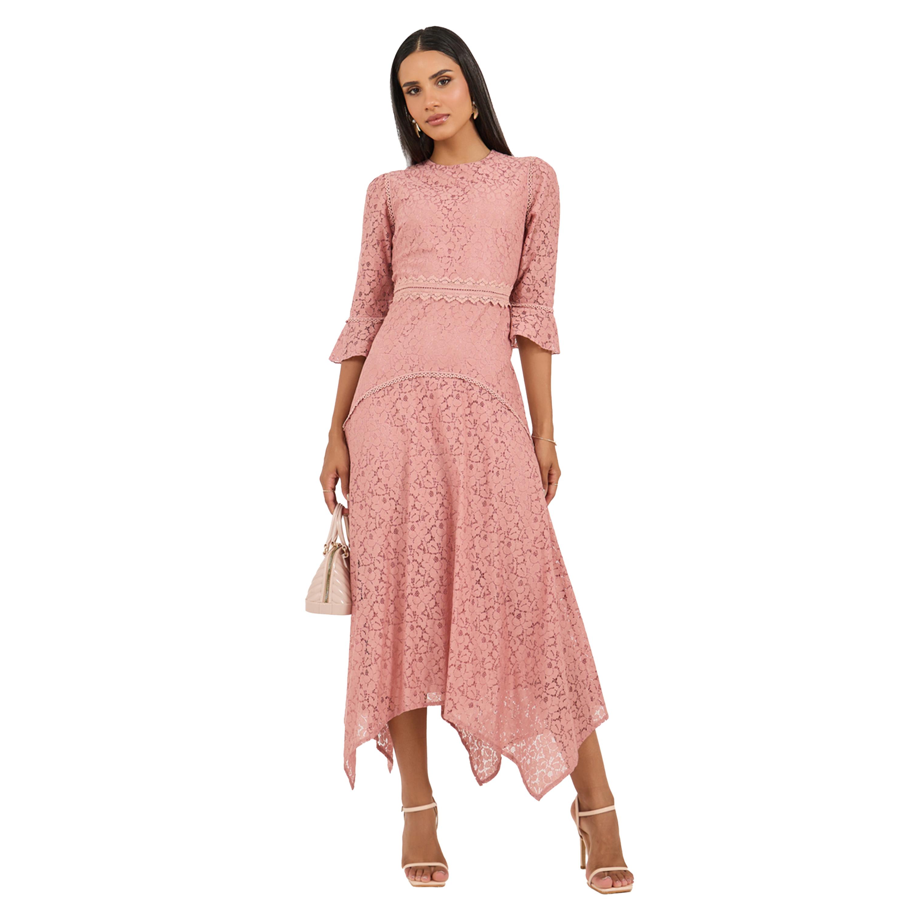 ستايلي - فستان ميدي بقصة A وحافة غير متماثلة وياقة عالية وتفاصيل دانتيل-women-clothing-dresses-image-2