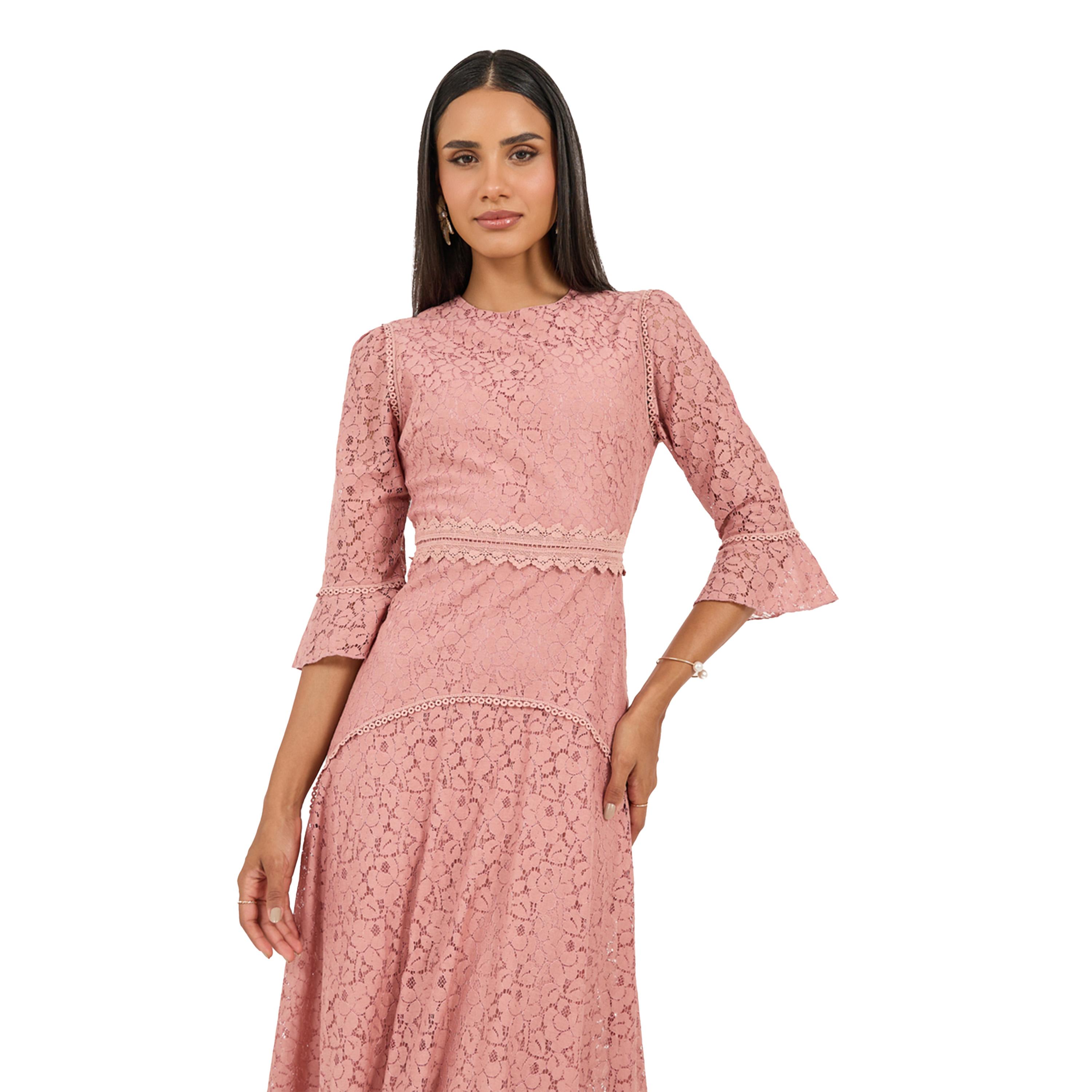 ستايلي - فستان ميدي بقصة A وحافة غير متماثلة وياقة عالية وتفاصيل دانتيل-women-clothing-dresses-image-3