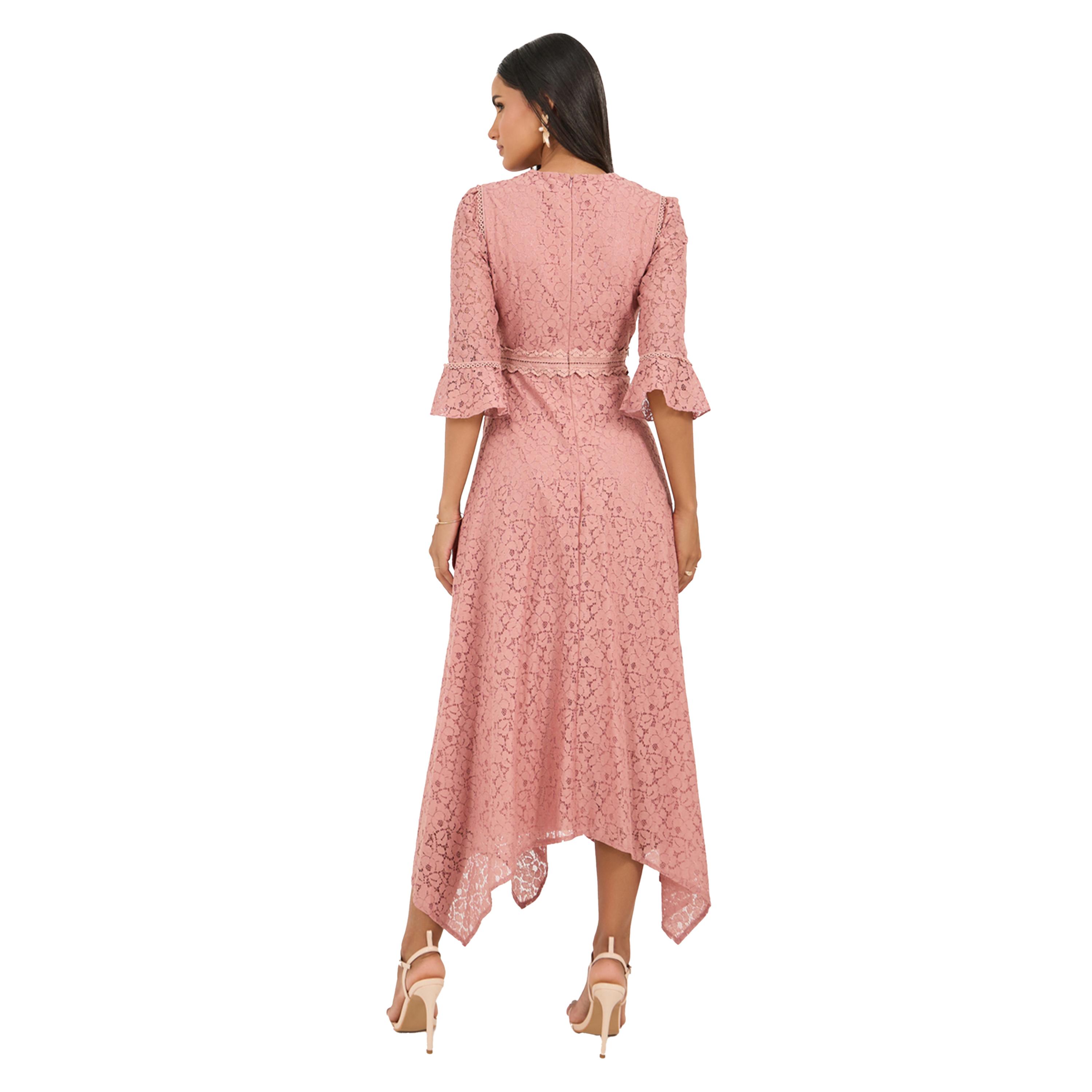ستايلي - فستان ميدي بقصة A وحافة غير متماثلة وياقة عالية وتفاصيل دانتيل-women-clothing-dresses-image-5