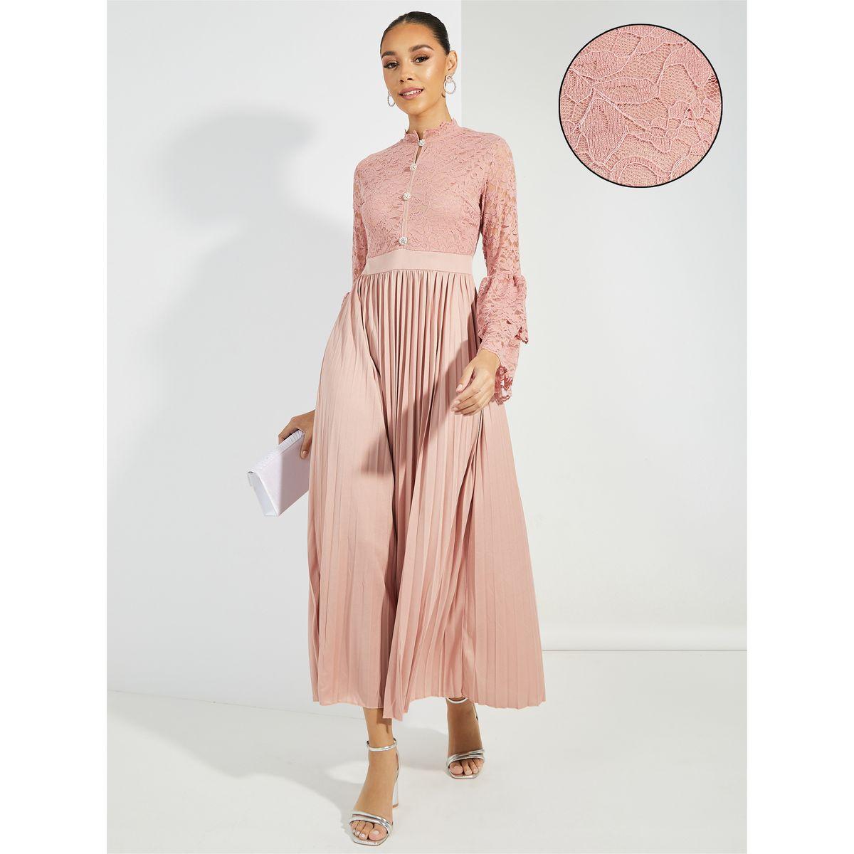 Styli Limited Pleated Lace Detail High Neck Maxi Dress-women-clothing-dresses-image-1