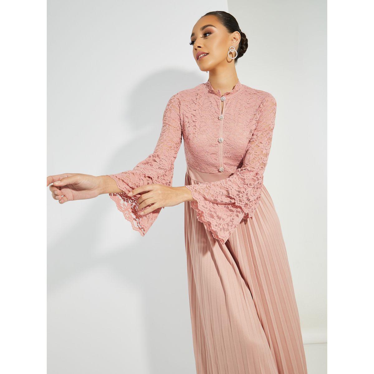 فستان طويل بكسرات وياقة عالية-women-clothing-dresses-image-2