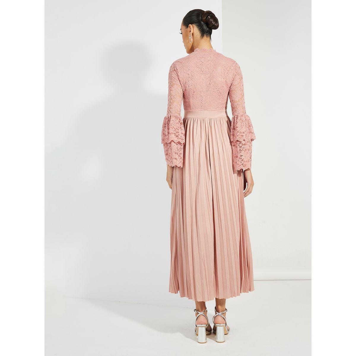 Styli Limited Pleated Lace Detail High Neck Maxi Dress-women-clothing-dresses-image-4