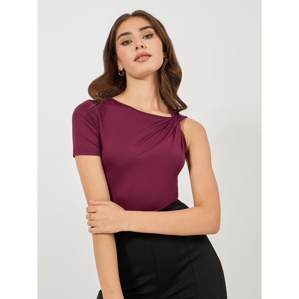 Styli Limited Solid Twisted Sleeve Asymmetric Neck Bodysuit-women-clothing-tshirts-image-3