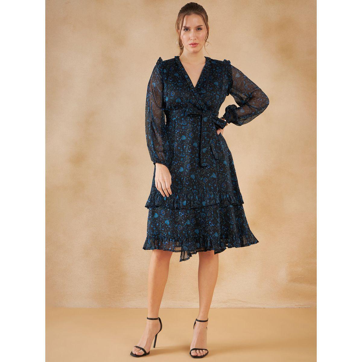 فستان ميدي بطبعة بيزلي وكشكش مع رباط خصر-women-clothing-dresses-image-1