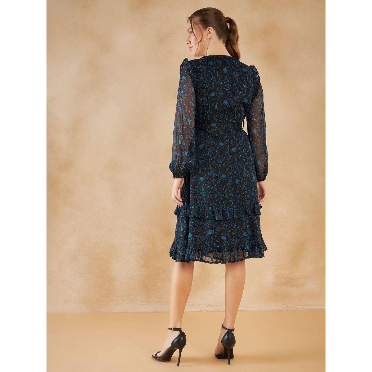 فستان ميدي بطبعة بيزلي وكشكش مع رباط خصر-women-clothing-dresses-image-2