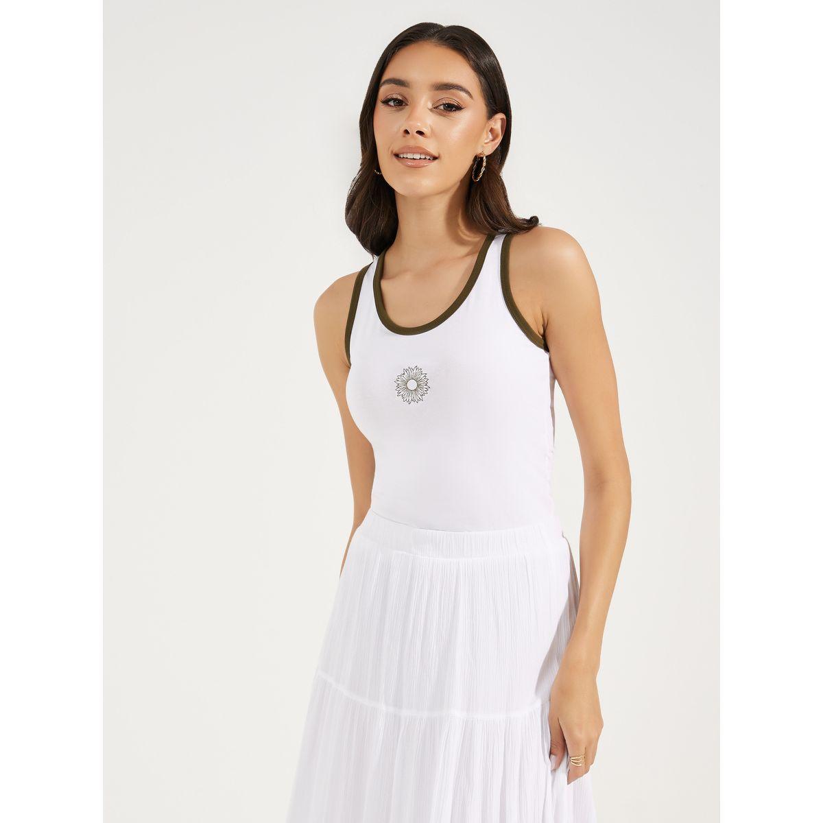 Styli Cotton Lycra Fitted Embroidery Detail Rib Tank-women-clothing-tshirts-image-1