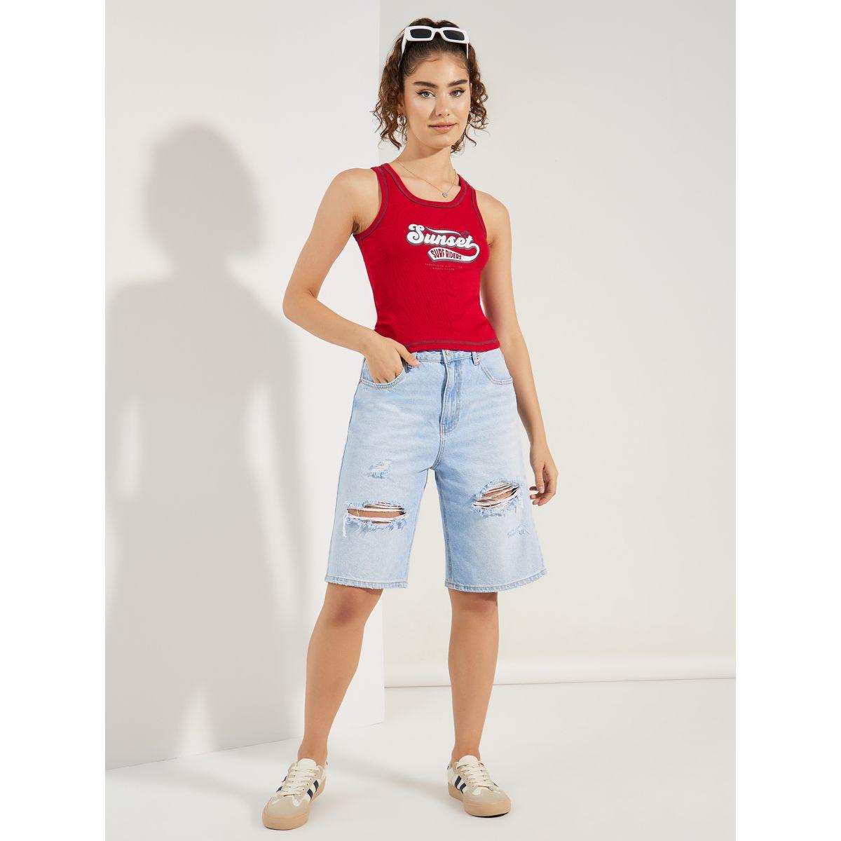 بلوزة مضلعة بلا اكمام مع طبعة كتابة-women-clothing-tshirts-image-3