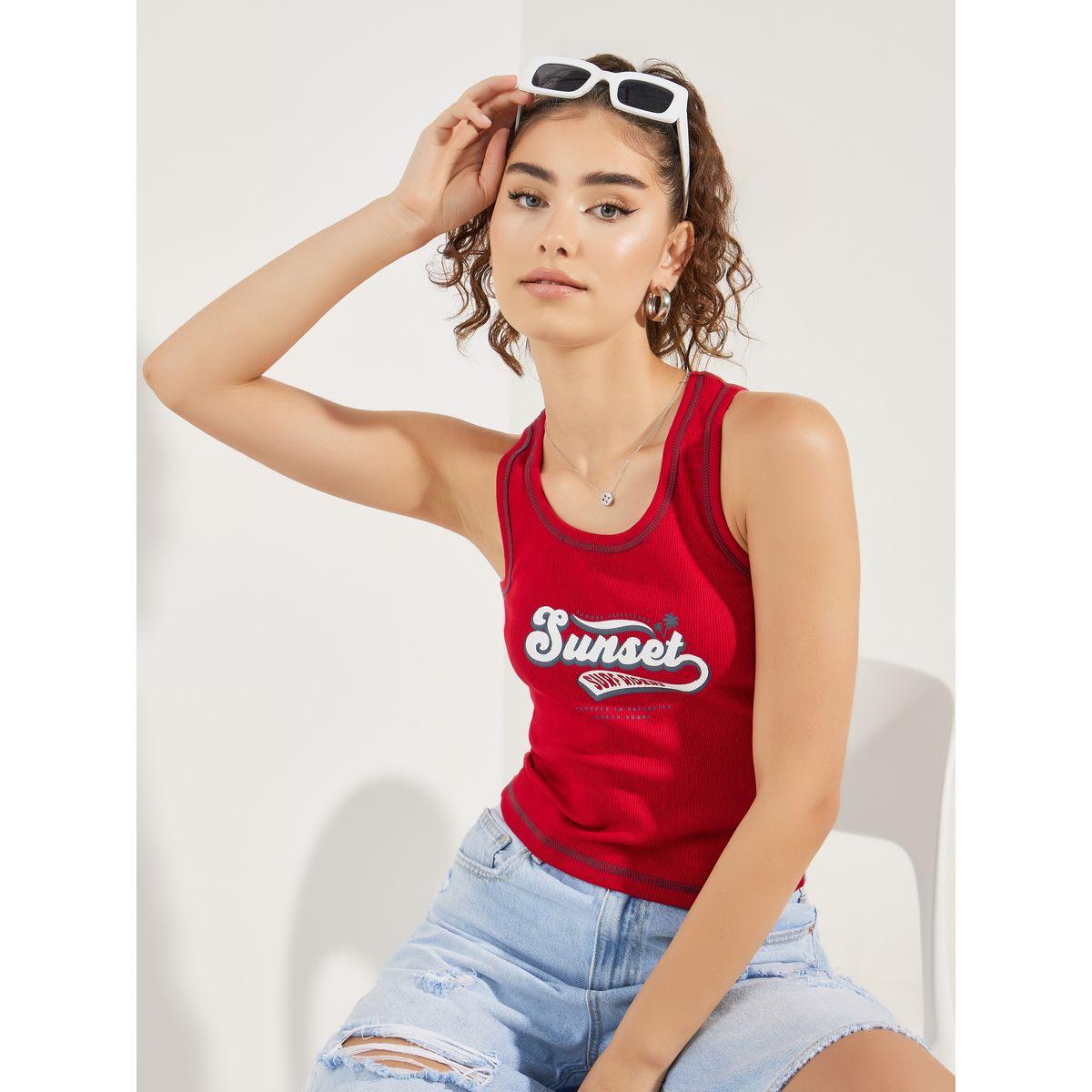بلوزة مضلعة بلا اكمام مع طبعة كتابة-women-clothing-tshirts-image-4