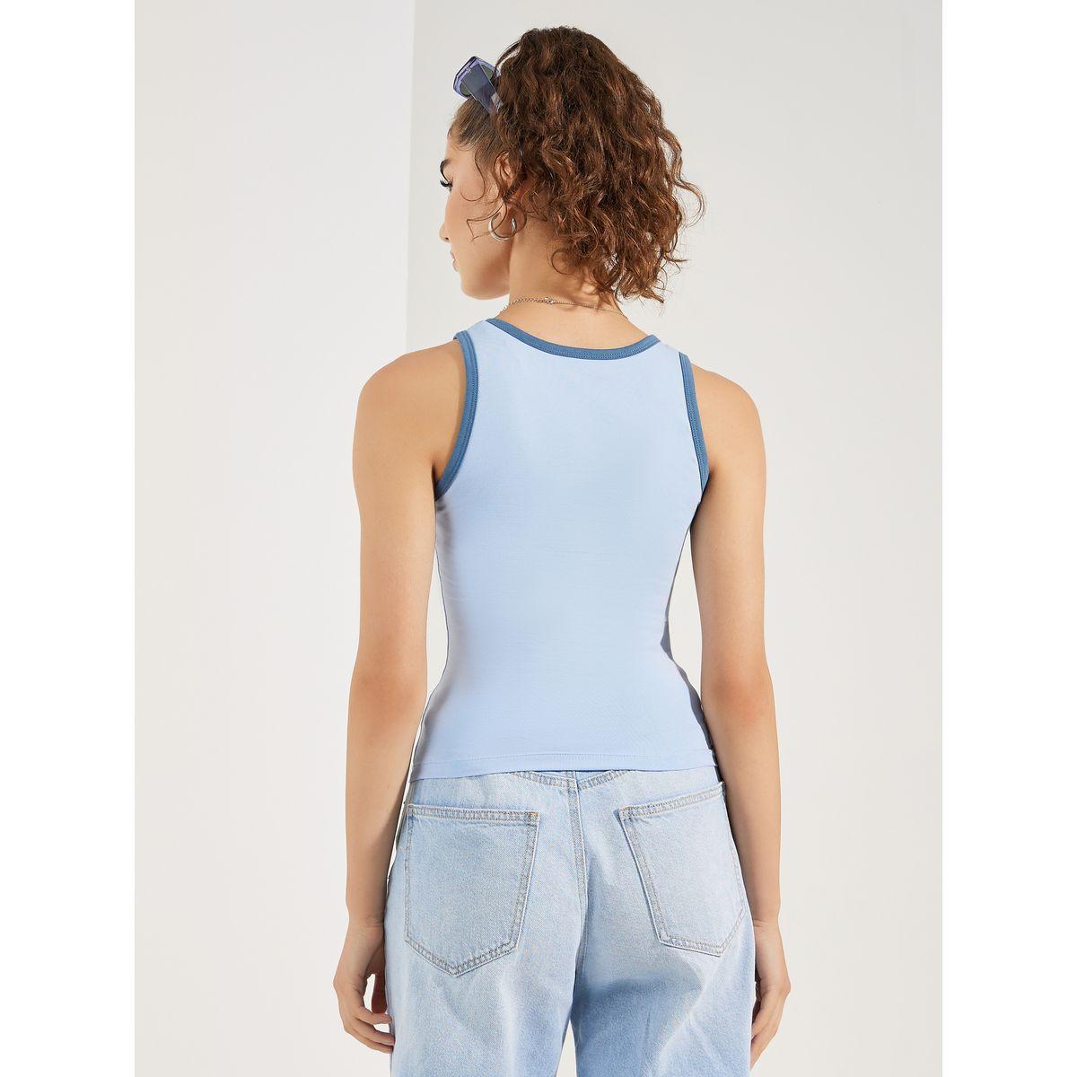 Styli Fitted Contrast Binding Santa Monica Slogan Print Tank-women-clothing-tshirts-image-4