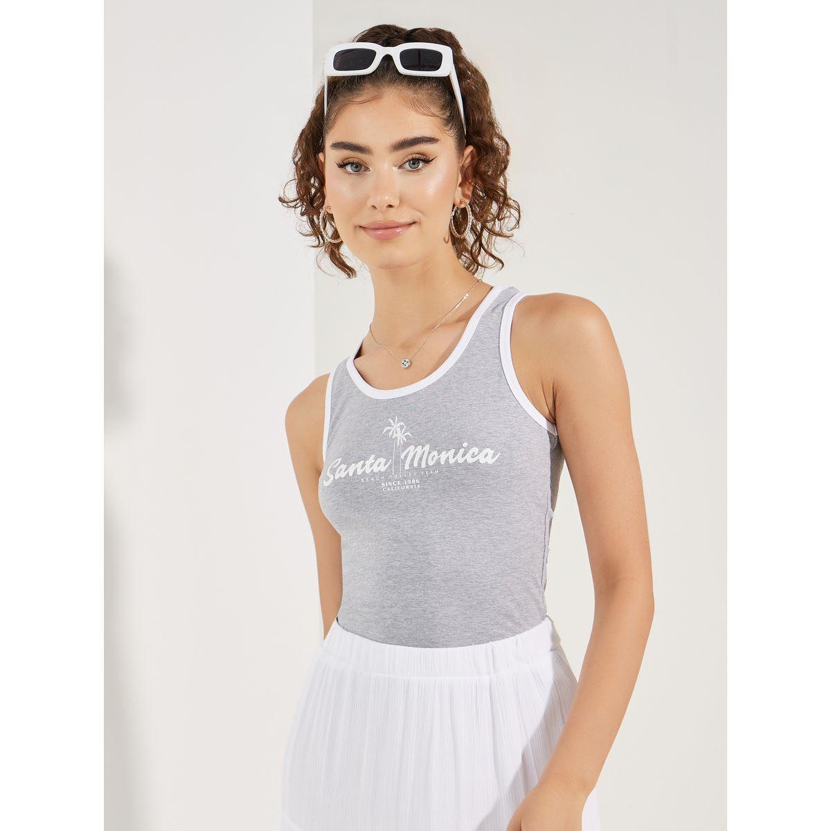 Styli Fitted Contrast Binding Santa Monica Slogan Print Tank-women-clothing-tshirts-image-2