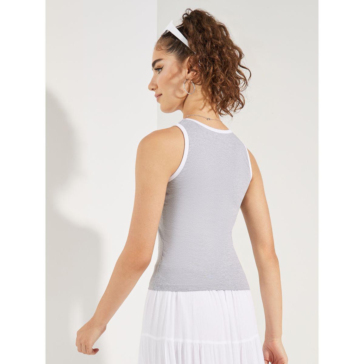 Styli Fitted Contrast Binding Santa Monica Slogan Print Tank-women-clothing-tshirts-image-5