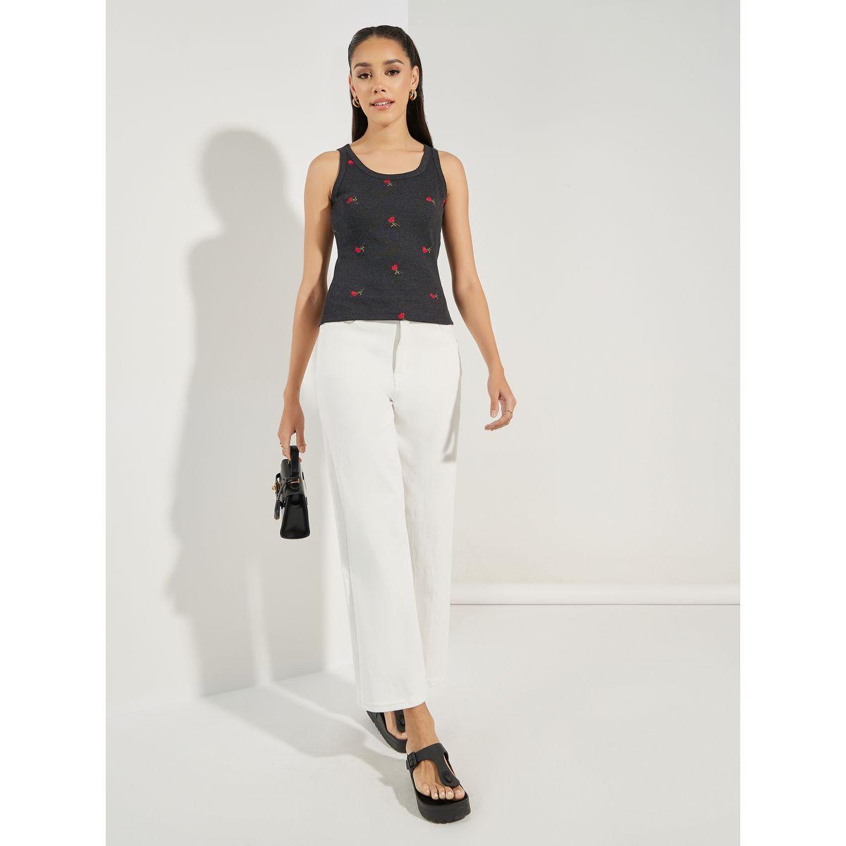 Styli Fitted Flower Embroidery Detail Rib Tank-women-clothing-tshirts-image-2