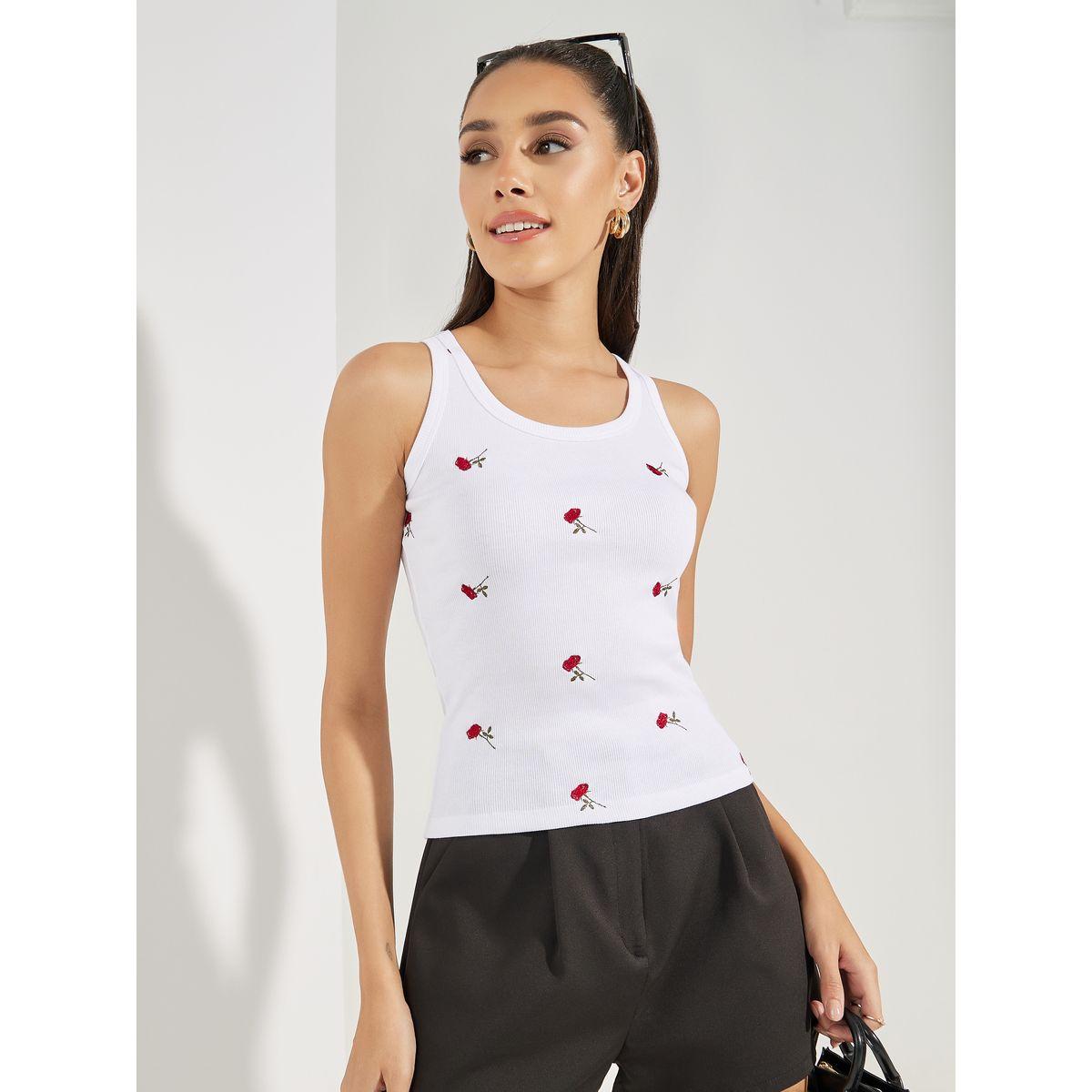 Styli Fitted Flower Embroidery Detail Rib Tank-women-clothing-tshirts-image-3