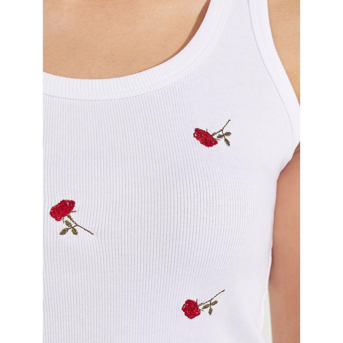 Styli Fitted Flower Embroidery Detail Rib Tank-women-clothing-tshirts-image-4