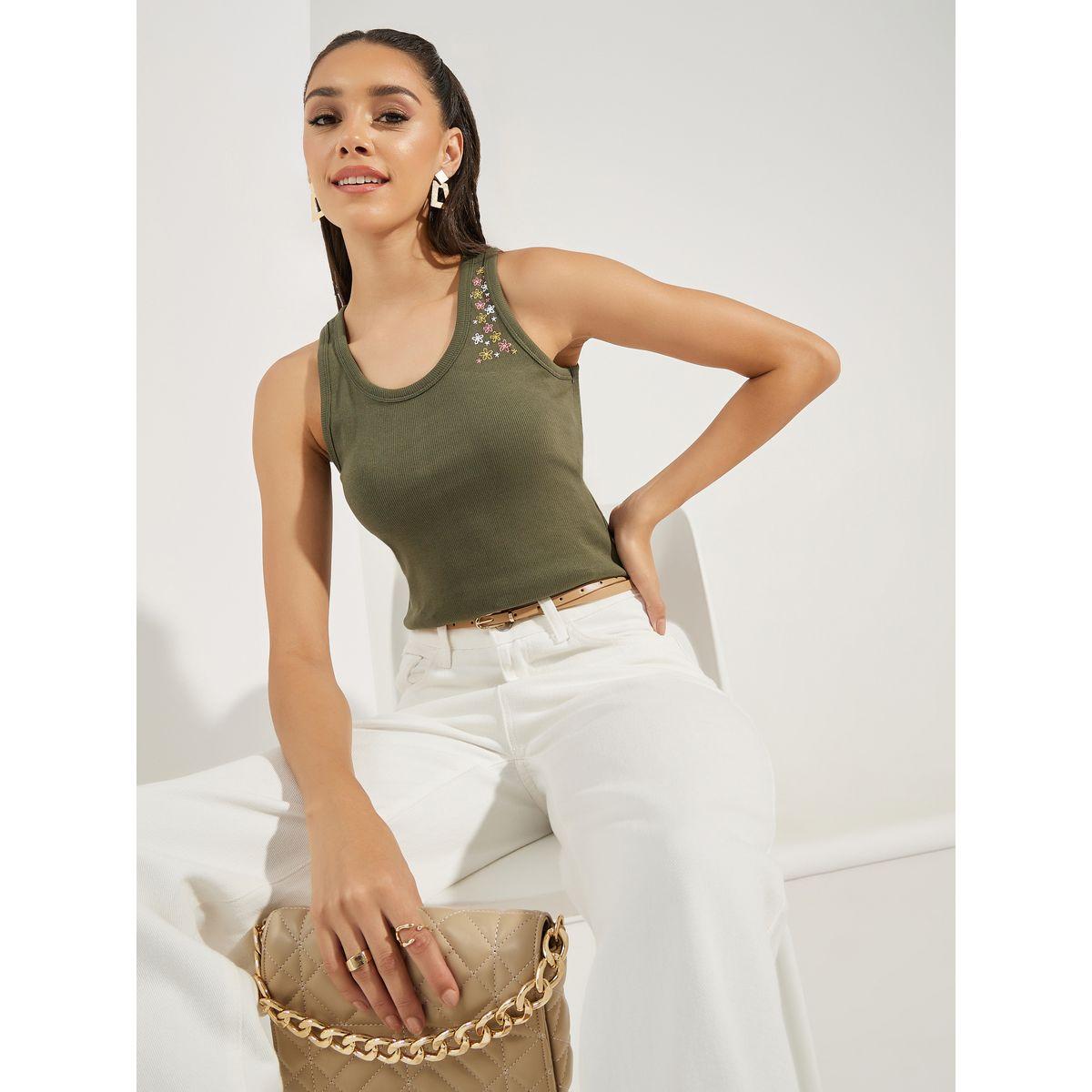 Styli Fitted Embroidery Detail Rib Tank-women-clothing-tshirts-image-1
