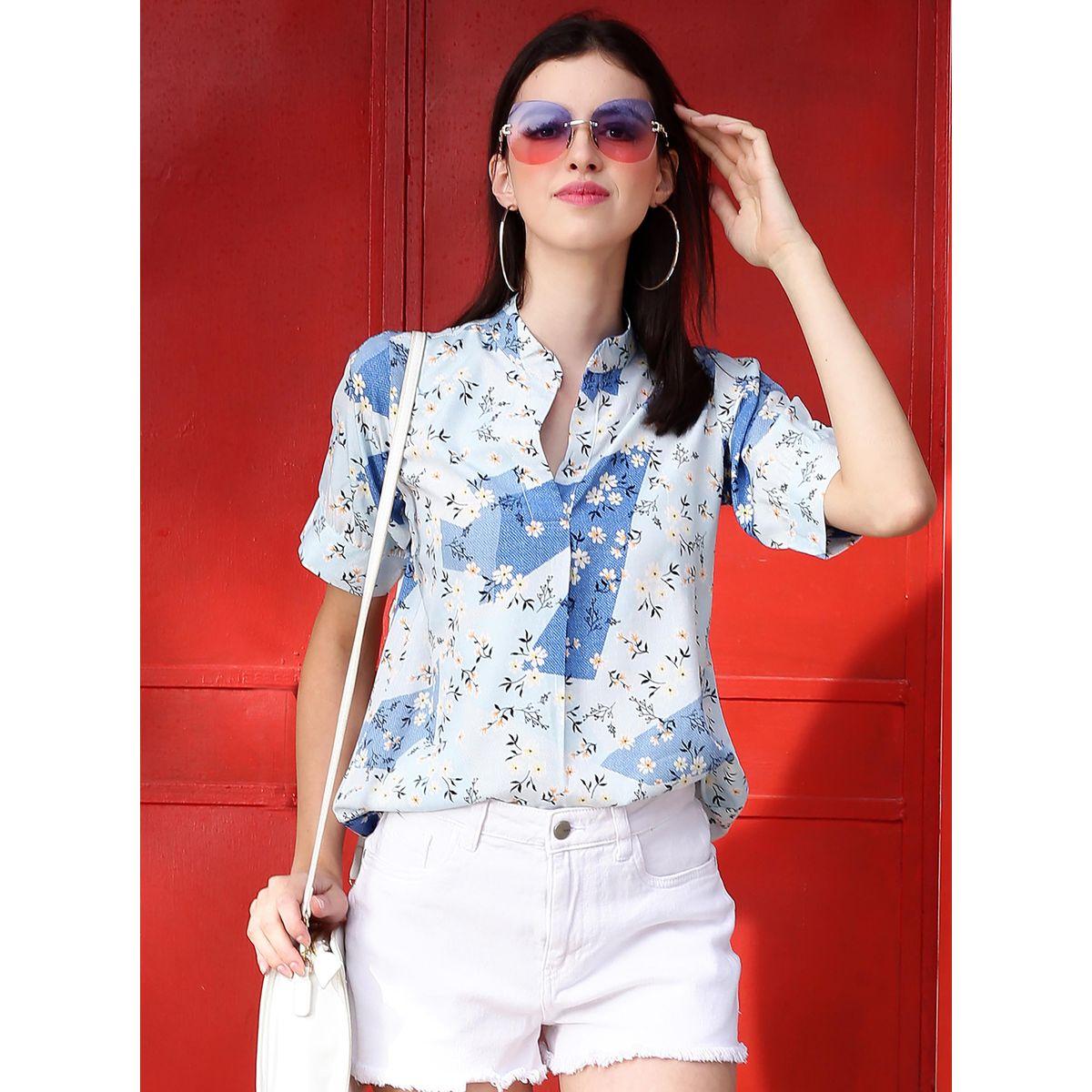Sera X Styli  Floral Print Mandarin Collar Top with Short Sleeves-women-clothing-shirtsandblouses-blouses-image-1