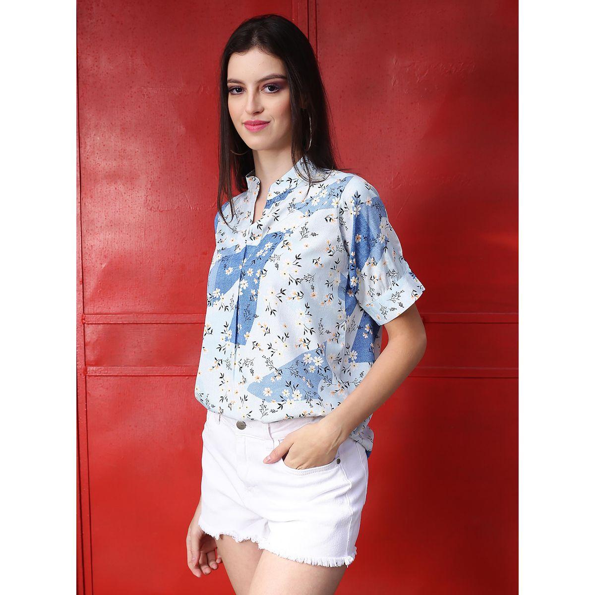 Sera X Styli  Floral Print Mandarin Collar Top with Short Sleeves-women-clothing-shirtsandblouses-blouses-image-2