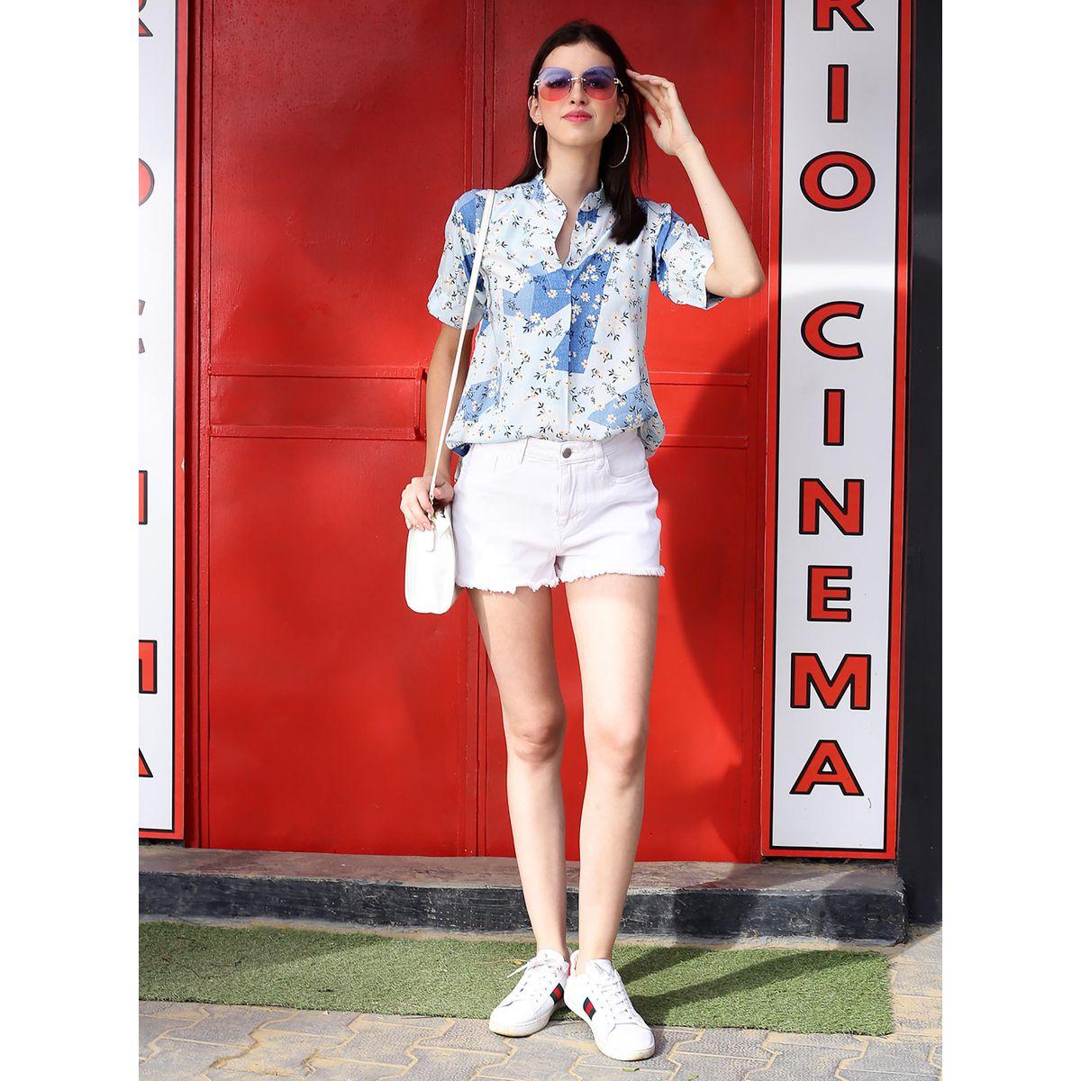 Sera X Styli  Floral Print Mandarin Collar Top with Short Sleeves-women-clothing-shirtsandblouses-blouses-image-5