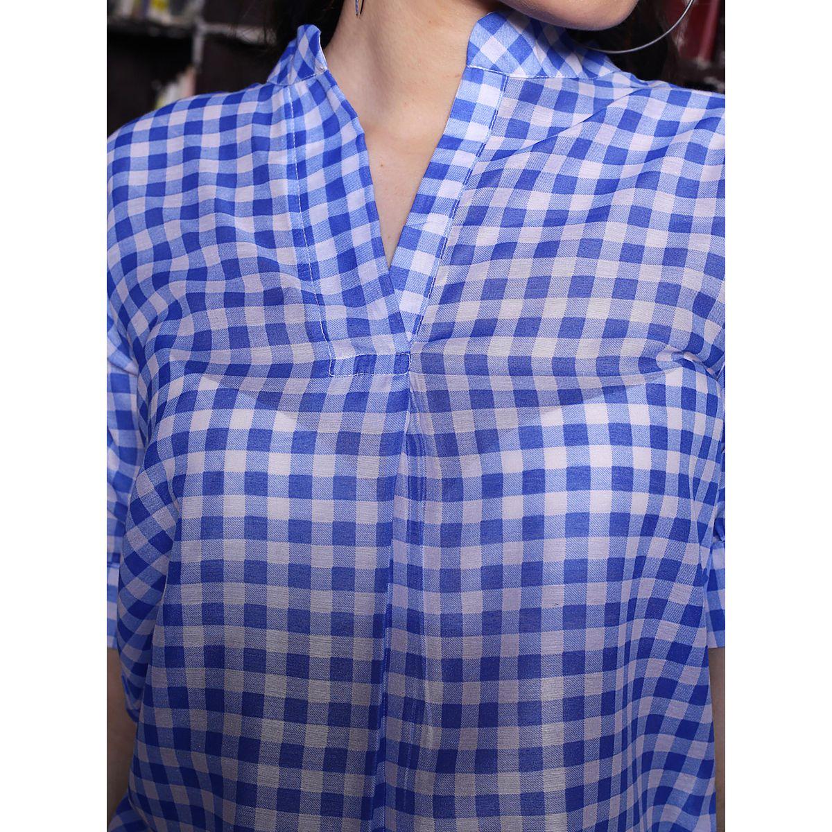 Sera X Styli  Gingham Checked Mandarin Collar Top with Short Sleeves-women-clothing-shirtsandblouses-blouses-image-4