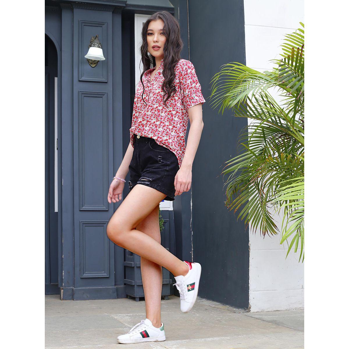 Sera X Styli  Floral Print Mandarin Collar Top with Short Sleeves-women-clothing-shirtsandblouses-blouses-image-2