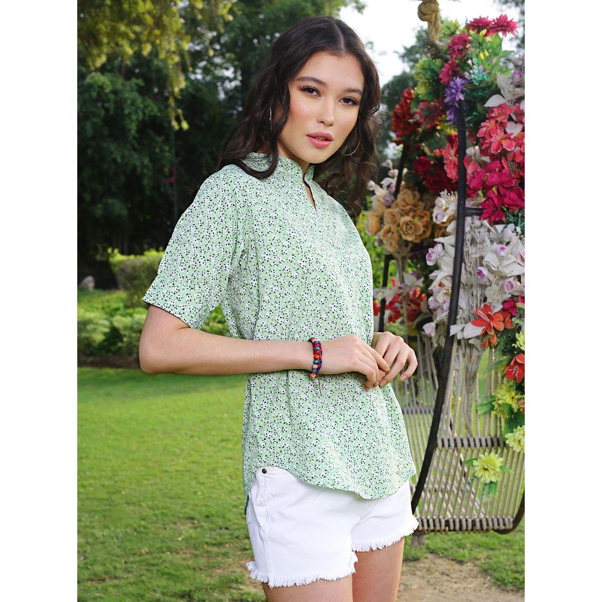 بلوزة بياقة ماندارين واكمام قصيرة سيرا × ستايلي-women-clothing-shirtsandblouses-blouses-image-2