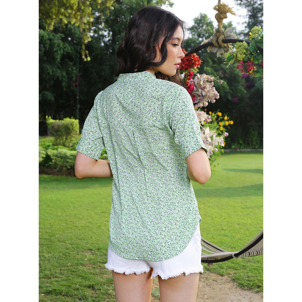 Sera X Styli  Floral Print Mandarin Collar Top with Short Sleeves-women-clothing-shirtsandblouses-blouses-image-3