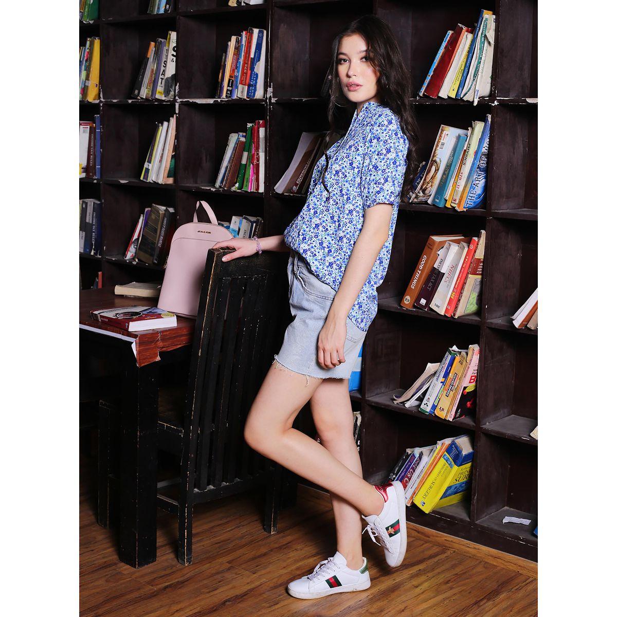 Sera X Styli  Floral Print Mandarin Collar Top with Short Sleeves-women-clothing-shirtsandblouses-blouses-image-2