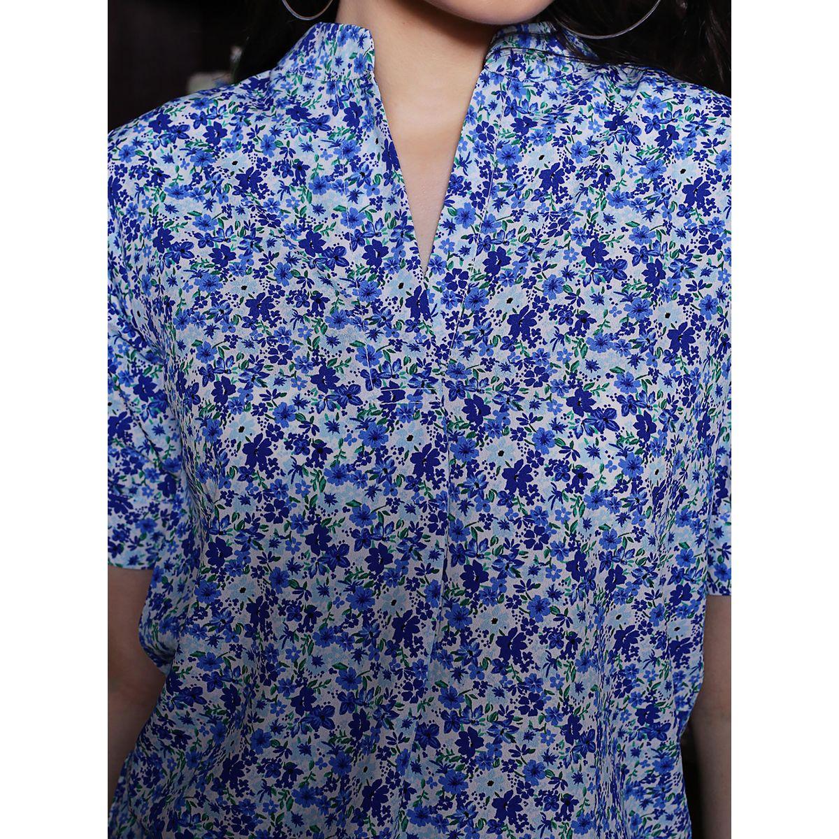 Sera X Styli  Floral Print Mandarin Collar Top with Short Sleeves-women-clothing-shirtsandblouses-blouses-image-4