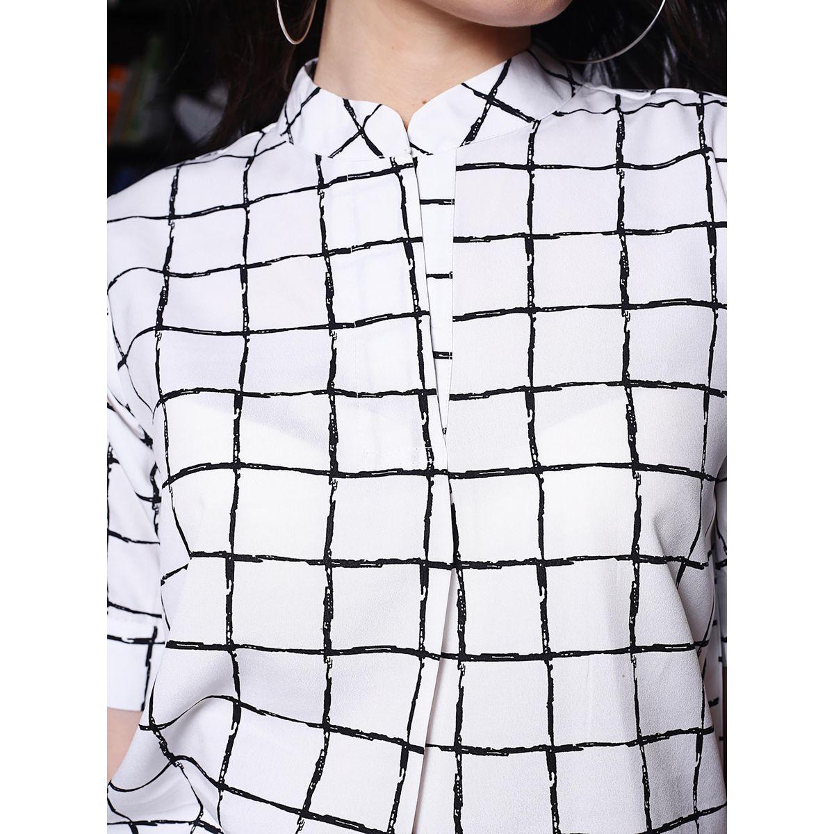 Sera Windowpane Checked Mandarin Collar Top with Short Sleeves-women-clothing-shirtsandblouses-blouses-image-4