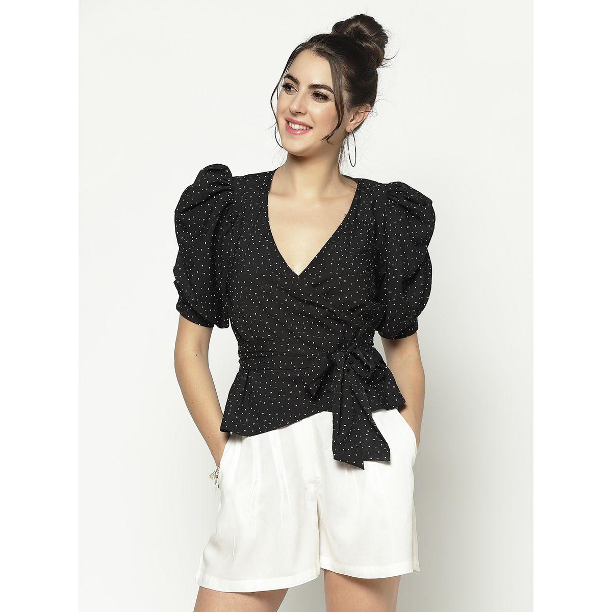 Sera X Styli  Spot Print Puff Sleeve Wrap Top with Tie Up-women-clothing-shirtsandblouses-blouses-image-1