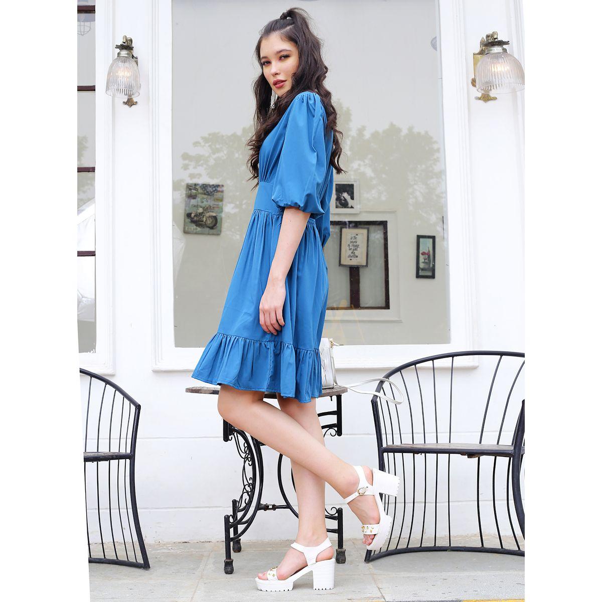 Sera X Styli  Solid V Neck Ruffle Hem A-Line Mini Dress-women-clothing-dresses-image-2