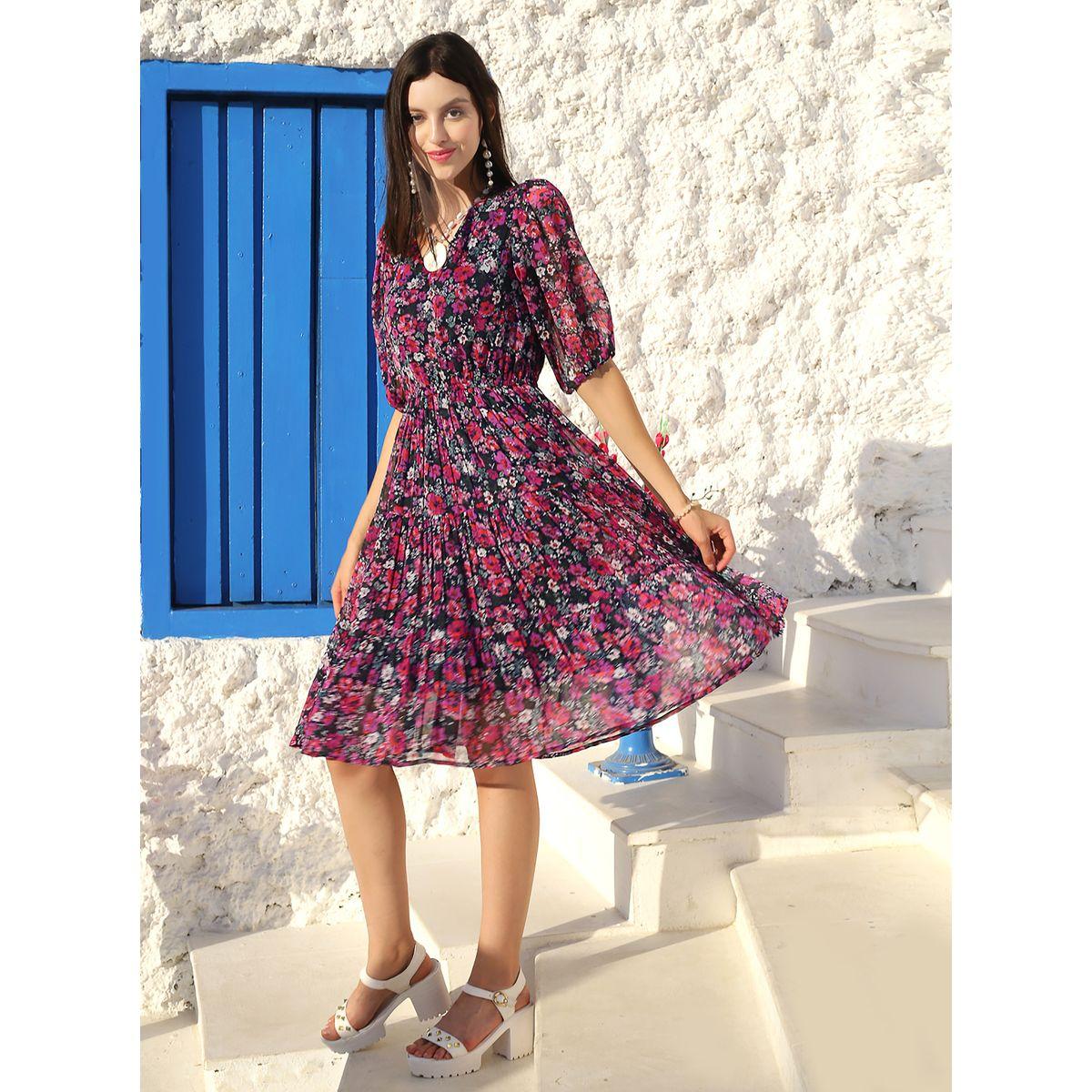Sera Floral Print V Neck Pleated Knee Length Dress-women-clothing-dresses-image-1