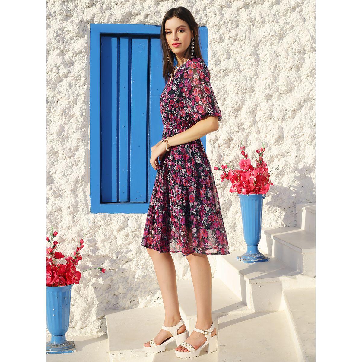 Sera Floral Print V Neck Pleated Knee Length Dress-women-clothing-dresses-image-2