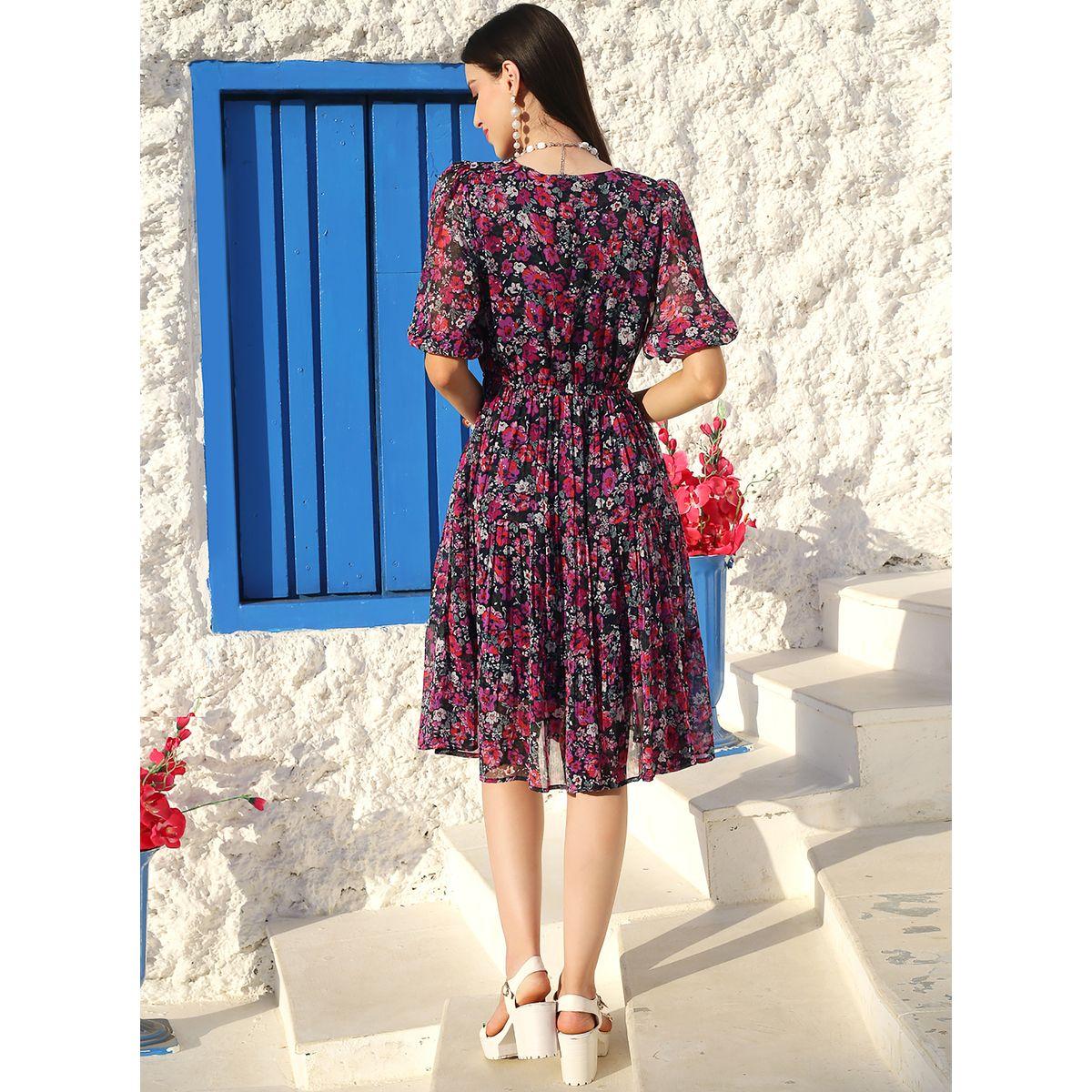 Sera Floral Print V Neck Pleated Knee Length Dress-women-clothing-dresses-image-3
