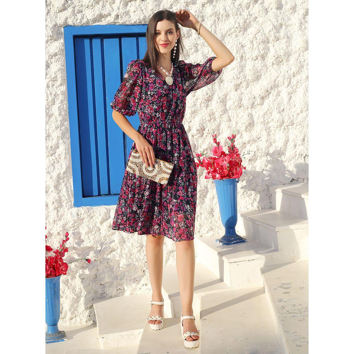 Sera Floral Print V Neck Pleated Knee Length Dress-women-clothing-dresses-image-5