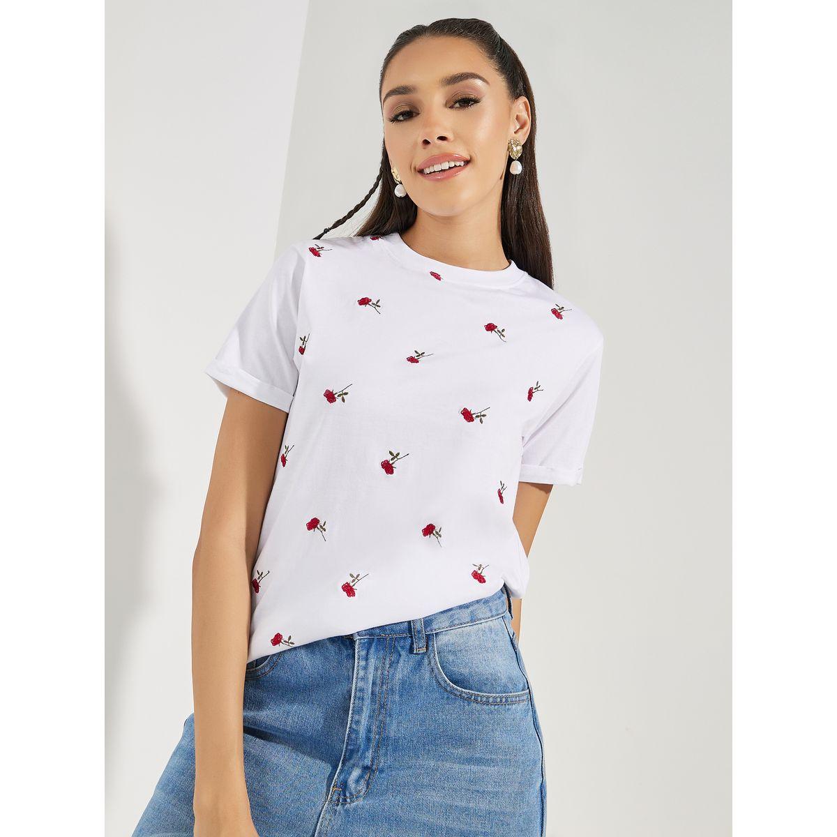 Styli Regular Fit Flower Embroidery Detail T-Shirt-women-clothing-tshirts-image-1