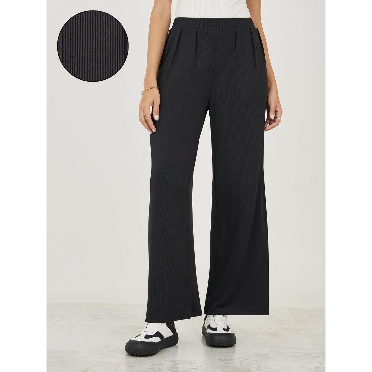 Styli Ribbed Relaxed Fit Pants with Elastic Waistband-women-clothing-bottoms-trousers-image-1
