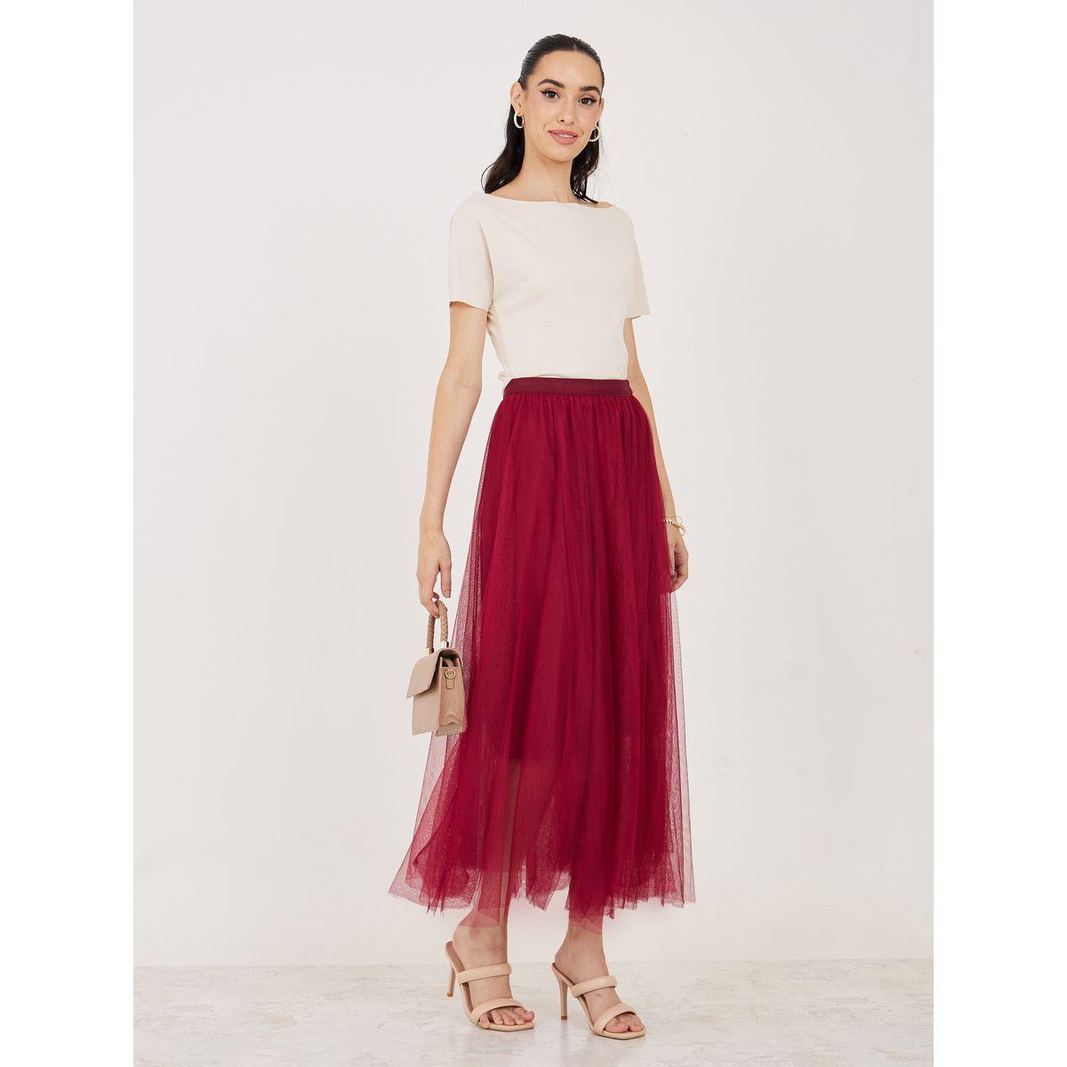 Styli Mesh Insert Elastic Waistband A-Line Maxi Skirt-women-clothing-bottoms-skirts-image-2