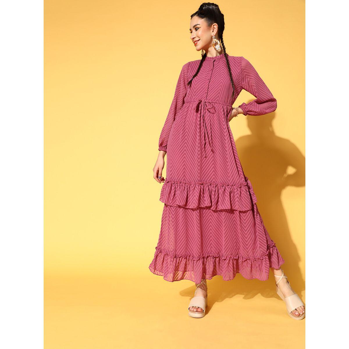 Athena Chevron Pattern Frill Maxi Dress with Tie Belt-women-clothing-dresses-image-1