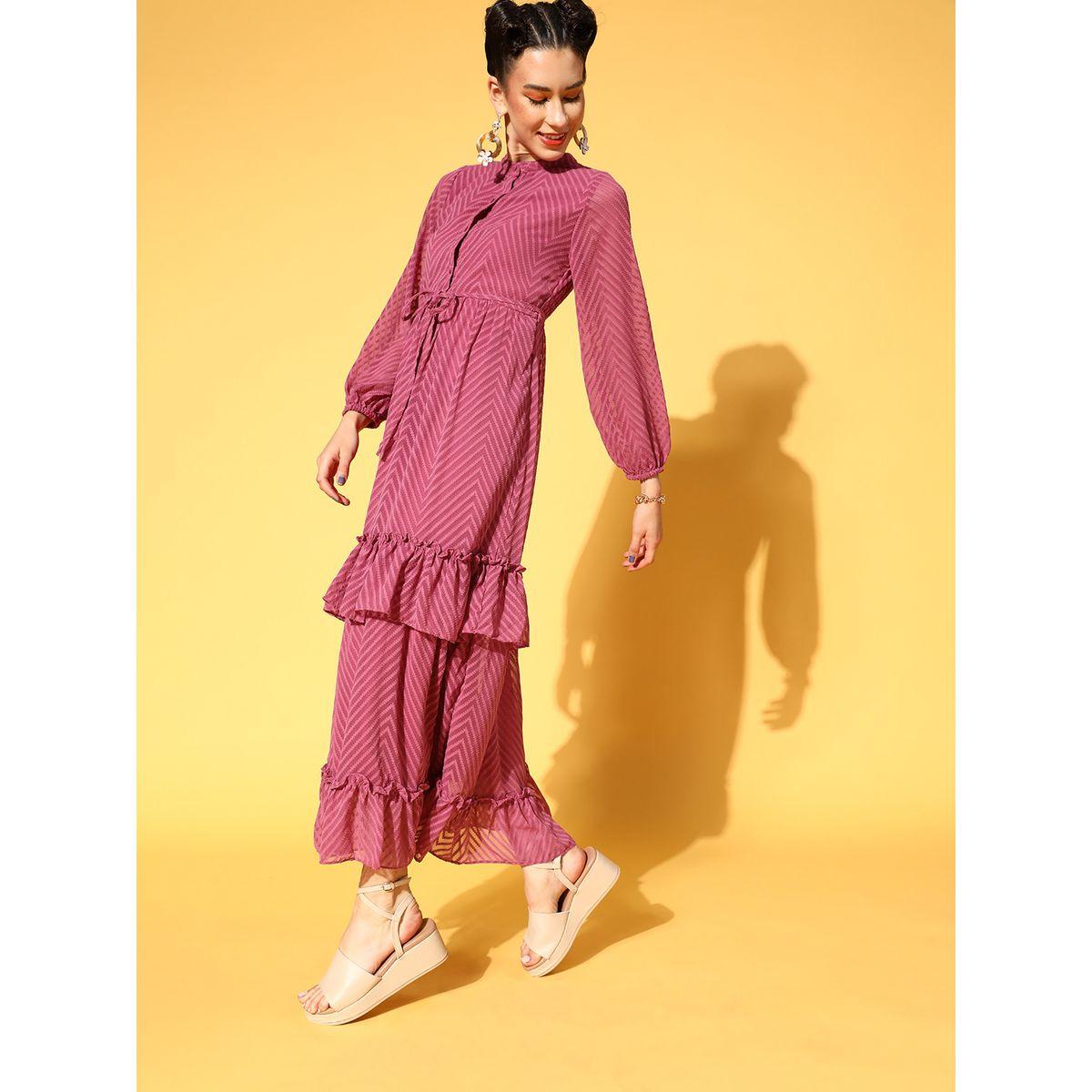 Athena Chevron Pattern Frill Maxi Dress with Tie Belt-women-clothing-dresses-image-2