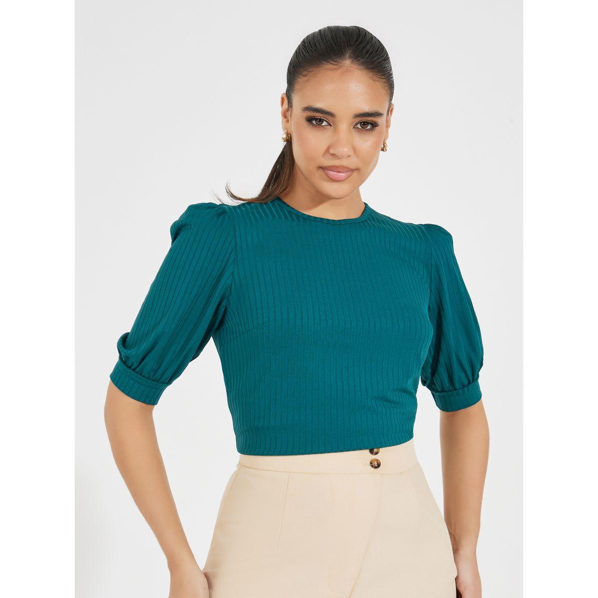 Styli Solid Rib Knit Top with Puff Sleeves-women-clothing-shirtsandblouses-blouses-image-1