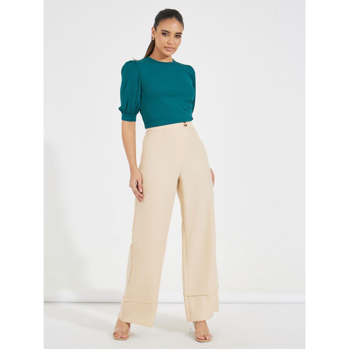 بلوزة سادة بتفاصيل مضلعة مع أكمام منفوخة-women-clothing-shirtsandblouses-blouses-image-4