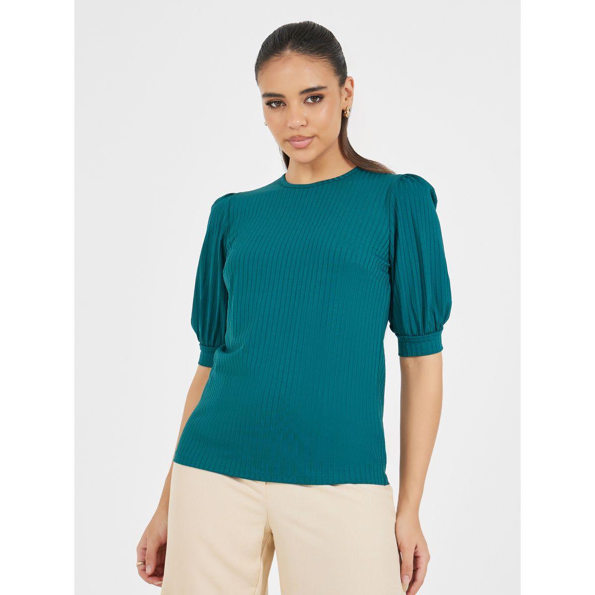 بلوزة سادة بتفاصيل مضلعة مع أكمام منفوخة-women-clothing-shirtsandblouses-blouses-image-3