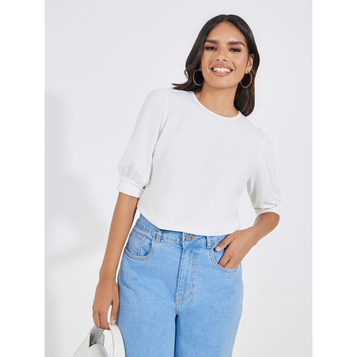 Styli Solid Rib Knit Top with Puff Sleeves-women-clothing-shirtsandblouses-blouses-image-1