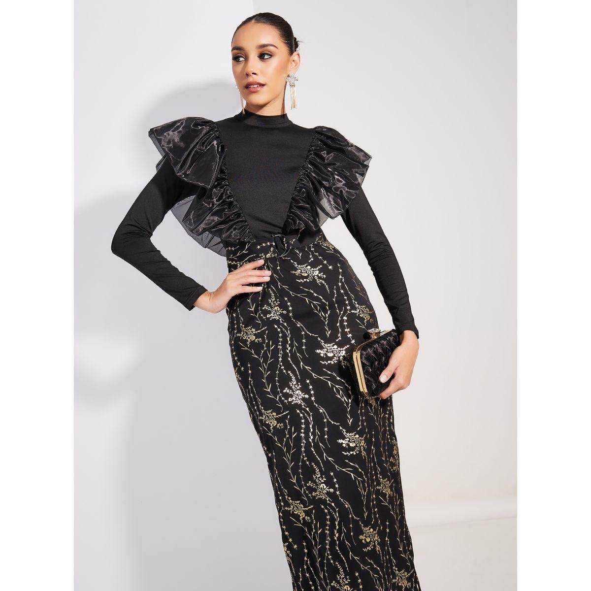 فستان ميدي بطبعة فويل وتفاصيل كشكش-women-clothing-dresses-image-2