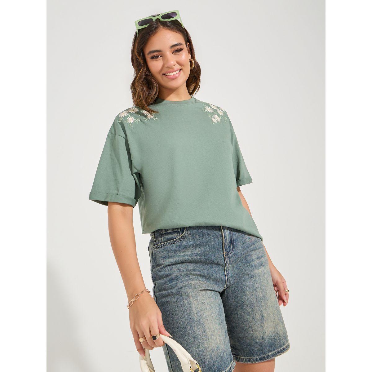 Styli Elevate Oversized Placement Embroidery Detail Cotton T-Shirt-women-clothing-tshirts-image-1