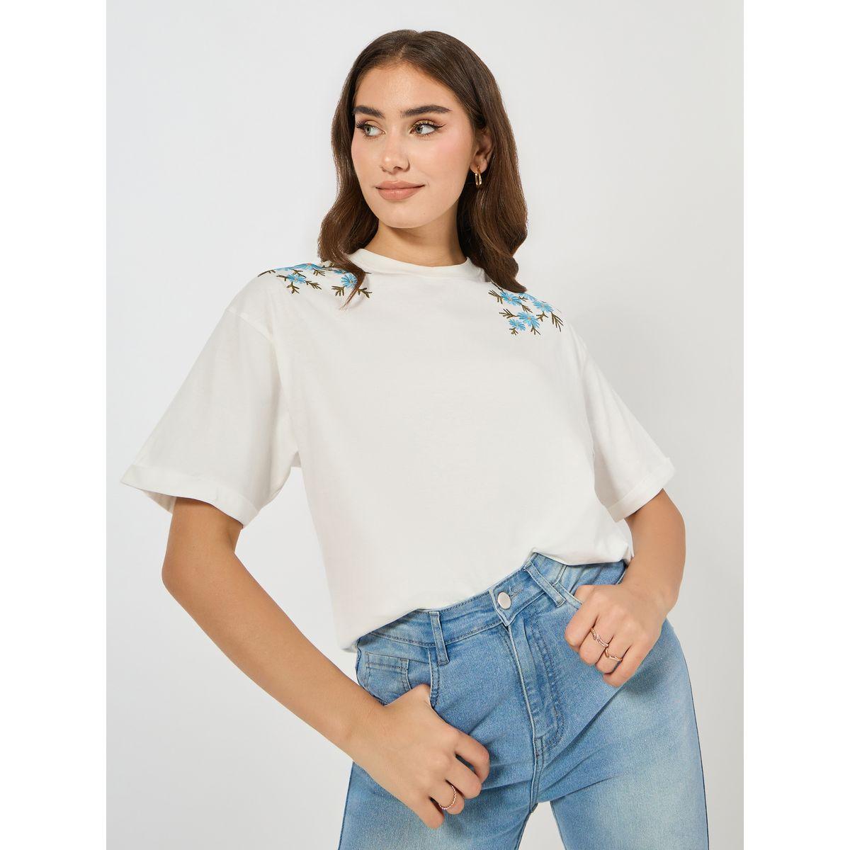 Styli Elevate Oversized Placement Embroidery Detail Cotton T-Shirt-women-clothing-tshirts-image-1