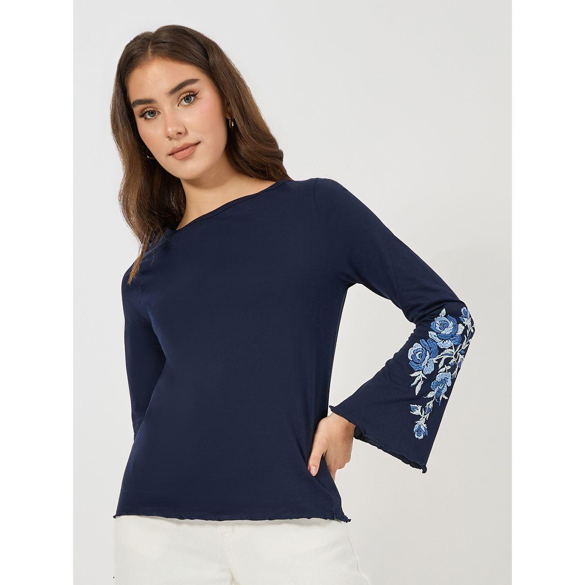 Styli Elevate Embroidery Cuff Detail Bell Sleeves T-Shirt-women-clothing-tshirts-image-1