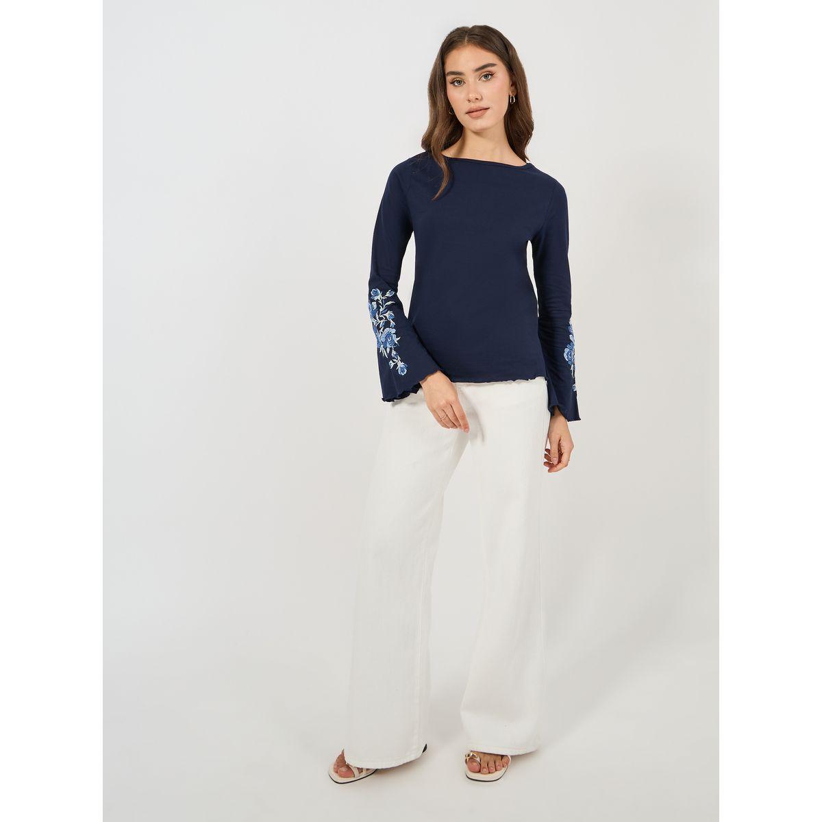 Styli Elevate Embroidery Cuff Detail Bell Sleeves T-Shirt-women-clothing-tshirts-image-2
